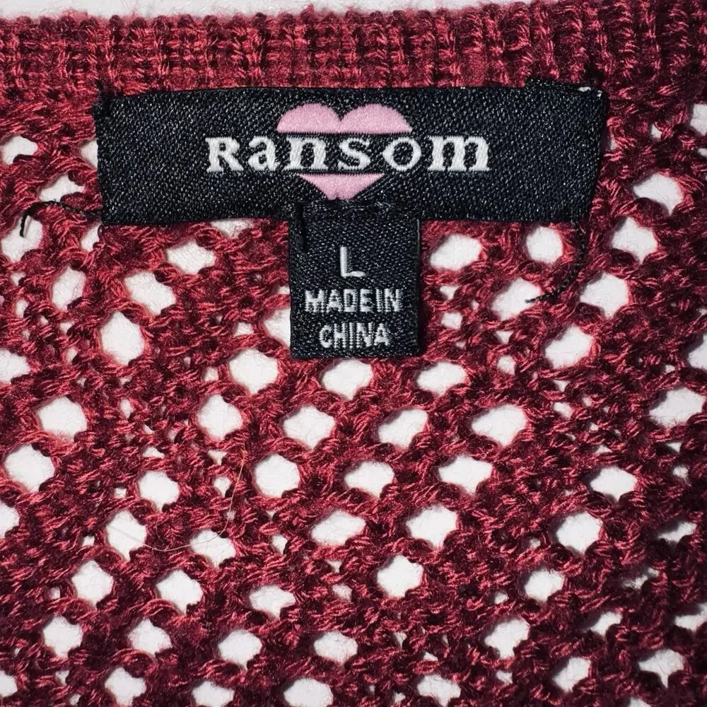 Ransom Womens Medium Sweater Red Burgundy Long Sleeve Knit Crochet Open Cardigan